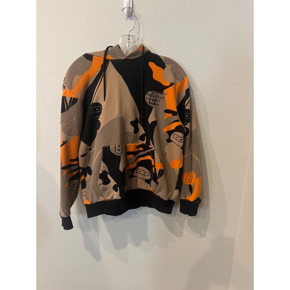 Bershka Future Ready Abstract Camo Hoodie Men's Small Orange Black Pullover